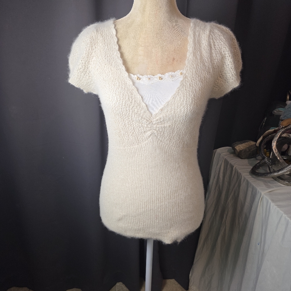 Floreat Anthropologie Angora Blend Cream V-Neck Knit Sweater Size L
